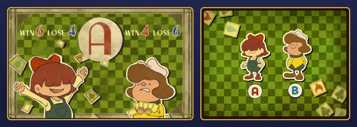 Tenth-Round Ace solved: a big letter A between WIN 6 LOSE 4 for player A and WIN 4 LOSE 6 for player B, with player A cheering, and the A button on the touch screen