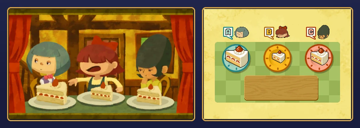 Big Cake, Little Cake solved: A with the large slice of strawberry cake, B in the middle with the small slice and C with the medium slice, and on the touch screen the large slice on plate A, the small slice on plate B and the medium slice on plate C