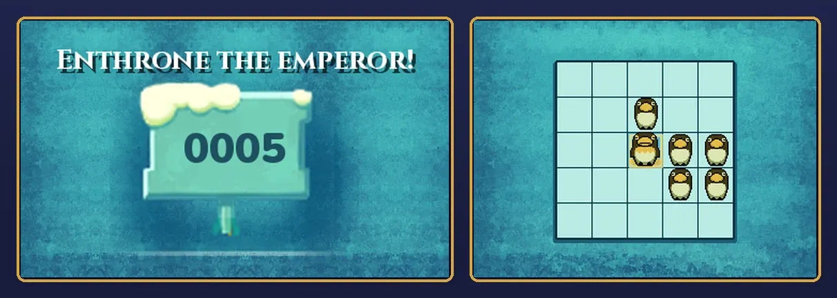 Emperor's Throne solved: the move counter reads 0005 and the emperor penguin stands on the center square of the iceberg with the other five penguins around him