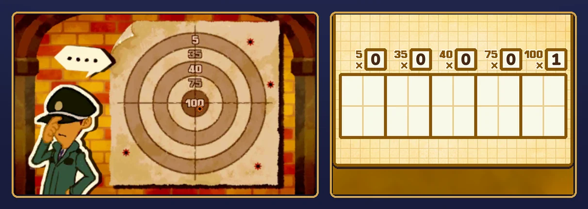 Target Practice solved: the officer covers his eyes next to the target, which has one hole in the 100 section and four holes outside the rings, and on the touch screen the answer boxes read 0, 0, 0, 0 and 1