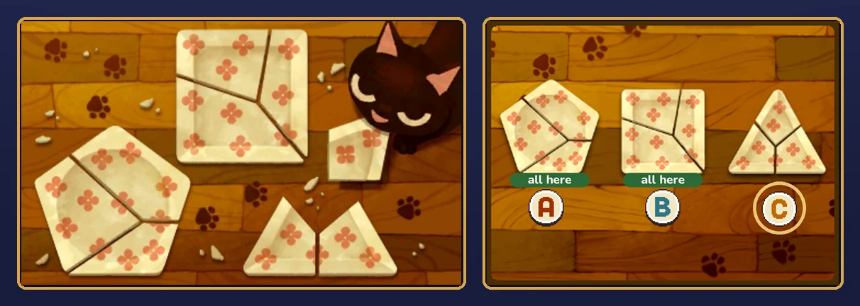 The Cat's Trophy solved: the five-sided plate and the square plate put back together, the triangular plate with one piece missing, and the cat holding that piece, and on the touch screen plates A and B marked all here and button C selected