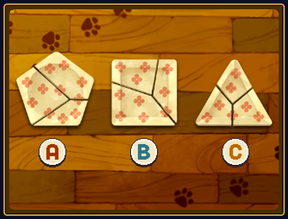 The Puzzle 034 touch screen up close: a five-sided plate A, a square plate B and a triangular plate C, each with a flower pattern and crack lines showing three pieces