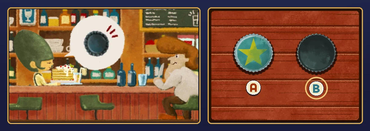 Guess Stars solved: a speech bubble on the bar showing the covered cap facing down, and on the touch screen button B selected under the face-down cap