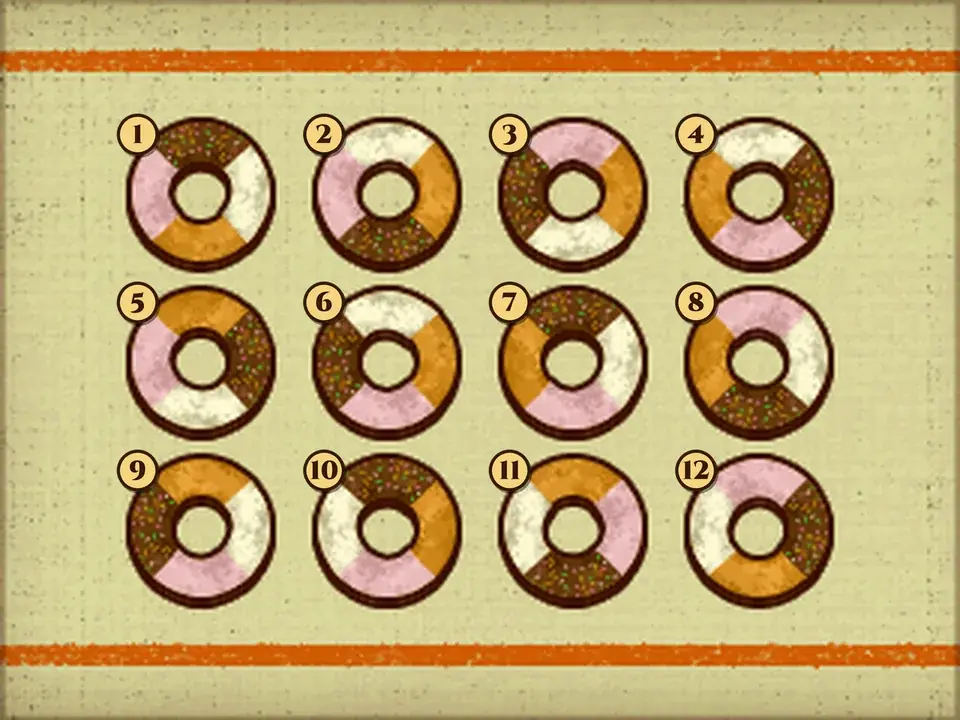 The Puzzle 036 touch screen with the 12 glazed doughnuts numbered 1 to 4 on the top row, 5 to 8 on the middle row and 9 to 12 on the bottom row