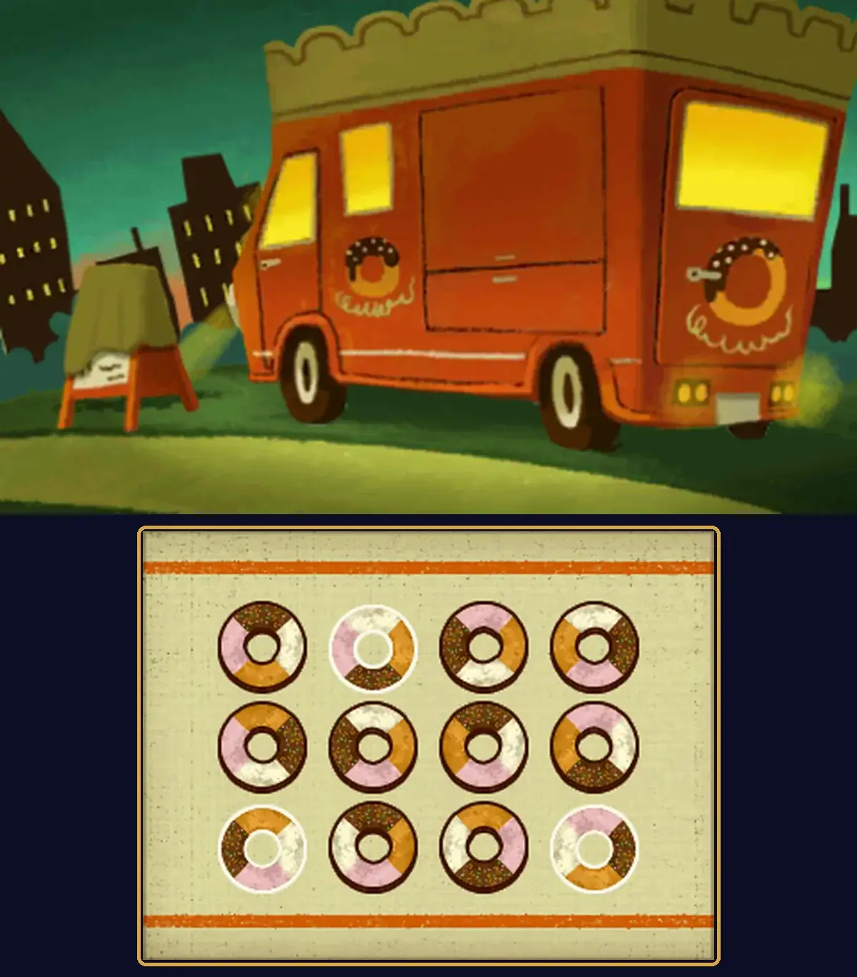 Going Dough-Nuts! solved: the doughnut van closed at dusk with its sign board covered, and on the touch screen the second doughnut in the top row and the first and last doughnuts in the bottom row selected with pale outlines