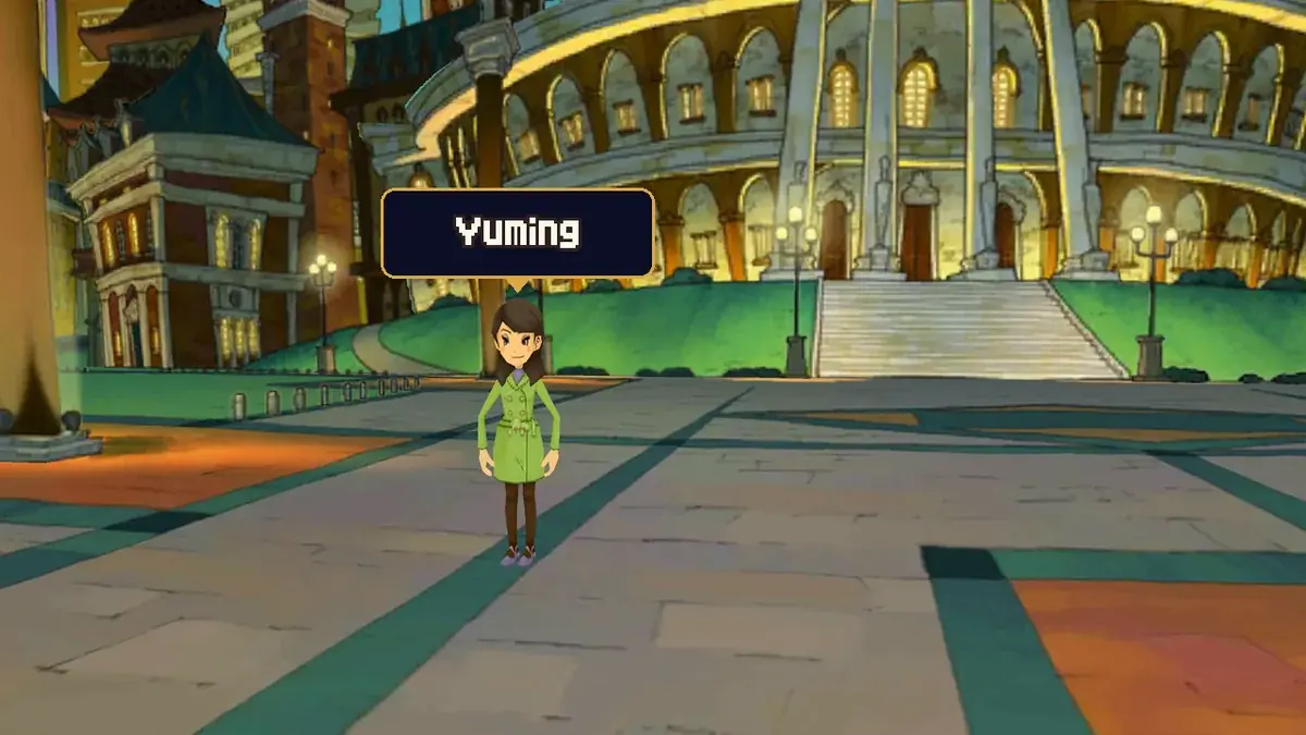 Yuming in a green coat standing on the paved Gallery Plaza, left of the steps up to the round, columned gallery, with a Yuming name tag above her head