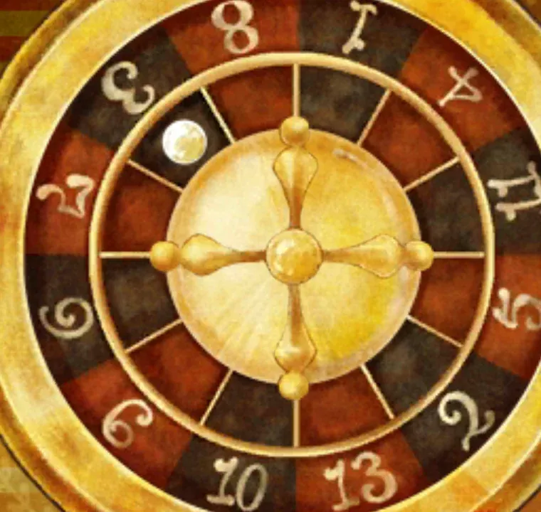 Close-up of the Puzzle 037 roulette wheel: a gold outer rim, twelve red and dark brown pockets with white numbers painted at different angles, a white ball resting by the 3 at the upper left and a gold cross-shaped spinner in the middle