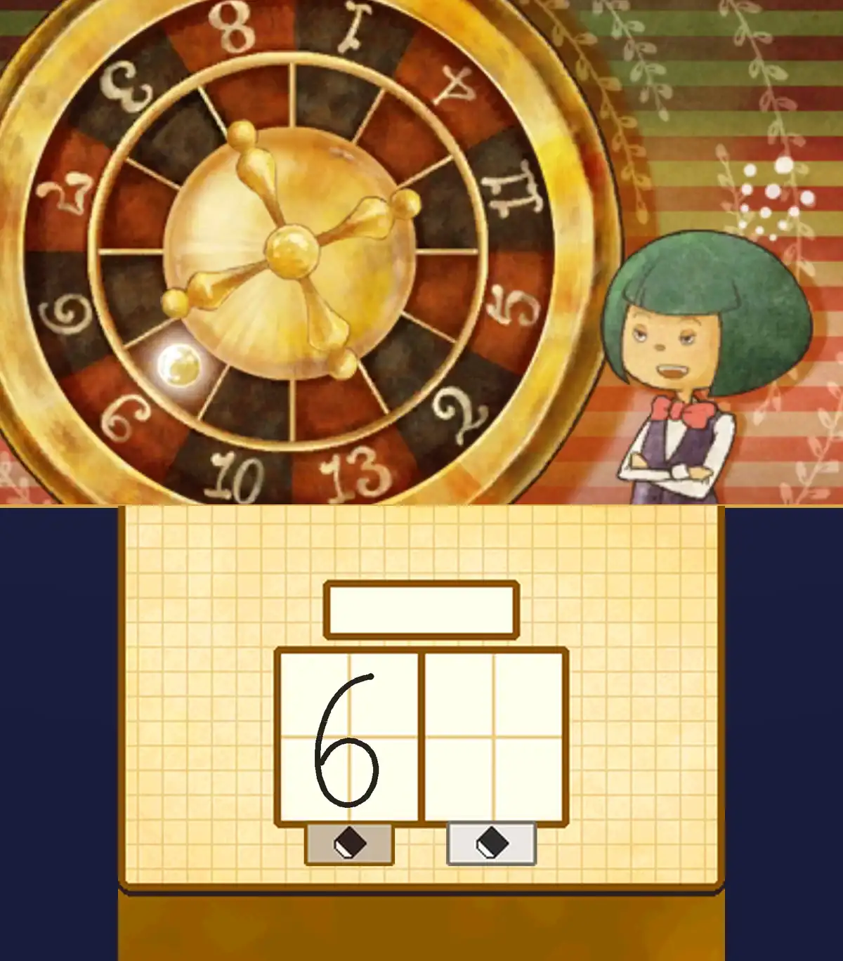 Spin Shenanigans solved: the white ball now rests by the 6 at the lower left of the roulette wheel, the green-haired character grins with arms folded against a red and green striped background, and 6 is written in the first answer box