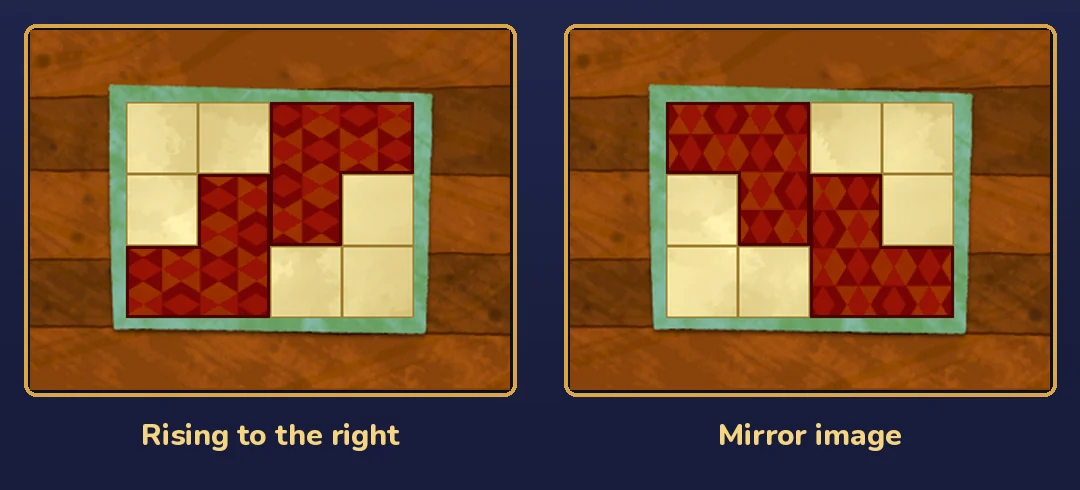 Two touch-screen boards side by side: the staircase rising to the right, and its mirror image rising to the left, with the pieces on row 1 columns 1 and 2, row 2 columns 2 and 3, and row 3 columns 3 and 4