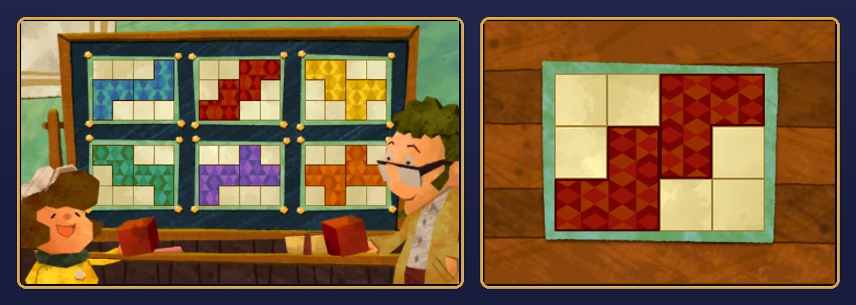 Pattern Pending solved: the question-mark frame on the blackboard now holds a red staircase pattern, a student and the teacher each hold a red cube, and on the touch screen the two red L pieces form a staircase rising to the right, two squares per row