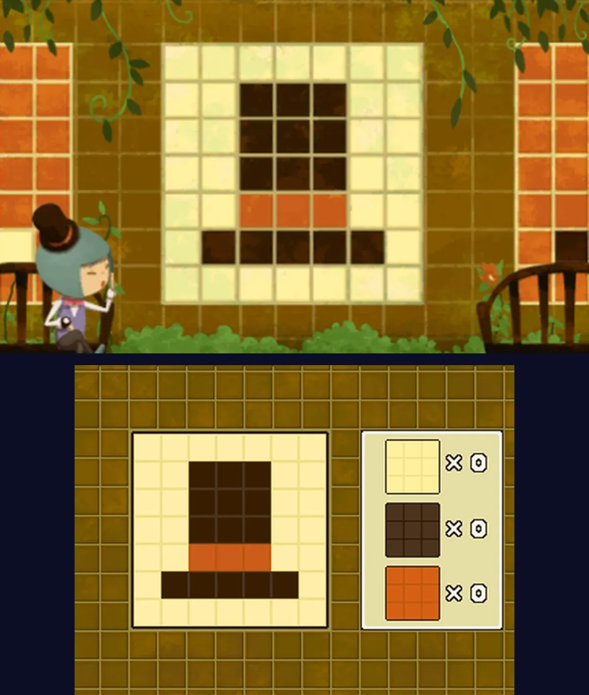 A Hat of Tiles solved: the girl on the top screen smiling with her eyes closed, and on the touch screen the finished hat in the frame, a black crown, a red band and a black brim on white, with every pile count at zero