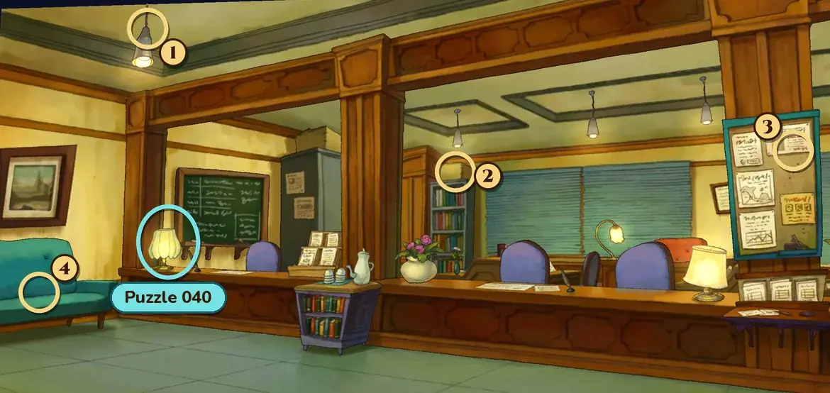 City Hall Reception: a long wooden reception counter with purple chairs behind it, a green chalkboard and a grey cabinet on the left, a bookcase and window blinds at the back and a notice board on a pillar at the right. A teal ring labeled Puzzle 040 marks the table lamp at the far left end of the counter, and numbered rings mark hint coin spots 1 at a ceiling light at the upper left, 2 at the box on top of the bookcase behind the counter, 3 at the notice board on the right and 4 under the left-side chair