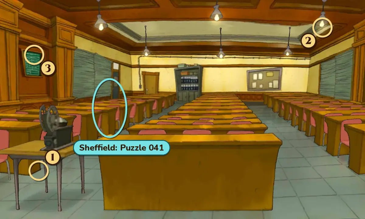 The Briefing Room: rows of wooden desks with pink chairs, a film projector on a small table at the front left, a small blackboard on the left wall, window blinds on the side walls, a cabinet and a notice board at the back and hanging ceiling lights. A teal ring labelled Sheffield: Puzzle 041 marks a spot in the aisle between the desks, and numbered rings mark hint coin spots 1 at the projector table, 2 at a ceiling light at the upper right and 3 at the small blackboard on the left wall