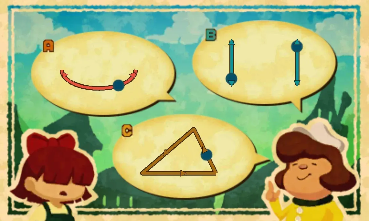 The top screen with each dot's path traced: in bubble A a red U-shaped arc with arrowheads at both ends; in bubble B two short upright teal tracks side by side, each with arrowheads at both ends; in bubble C a brown triangle with a steep right side, a long sloping left side and a flat bottom, with arrowheads showing the dot going up the right side, down the left side and back along the bottom