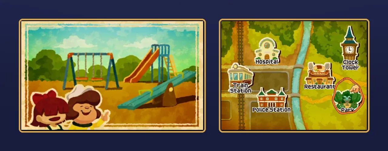 Left, the top screen after a correct answer: a playground with a swing set, an orange slide with a ladder and a seesaw, with the girl and the woman at the bottom; right, the touch-screen map with an orange loop drawn around the Park and a pointing-finger icon inside the loop