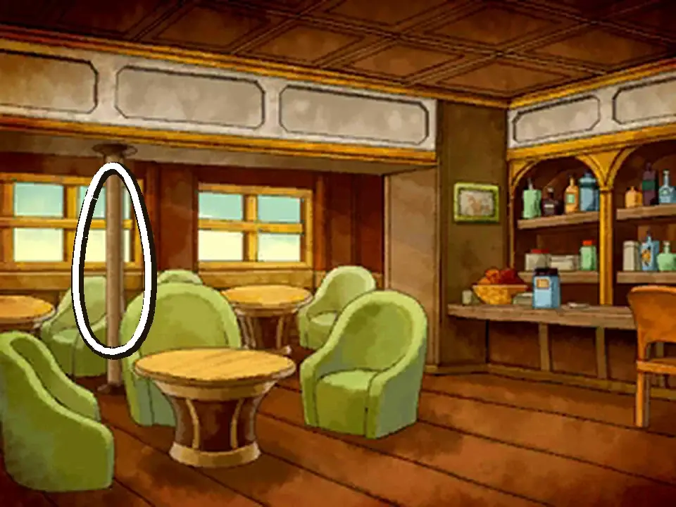 The café on the touch screen with a white loop drawn around the thin wooden column that stands between the green armchairs on the left, in front of the window