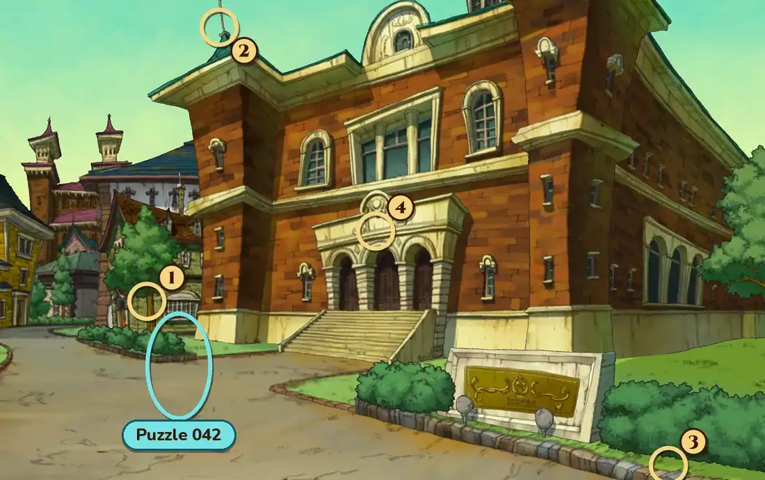 City Hall Steps: the red-brick City Hall with steps up to three arched doors, a stone sign with a gold plaque in front, hedges, trees on both sides and a road curving past. A teal ring labelled Puzzle 042 marks the spot on the road at the left where Hanna stands, and numbered rings mark hint coin spots 1 at the trunk of the tree on the left, 2 at the tip of the thin spire on the left corner of the roof, 3 at the foot of the hedge on the right, by the curb, and 4 above the entrance arches