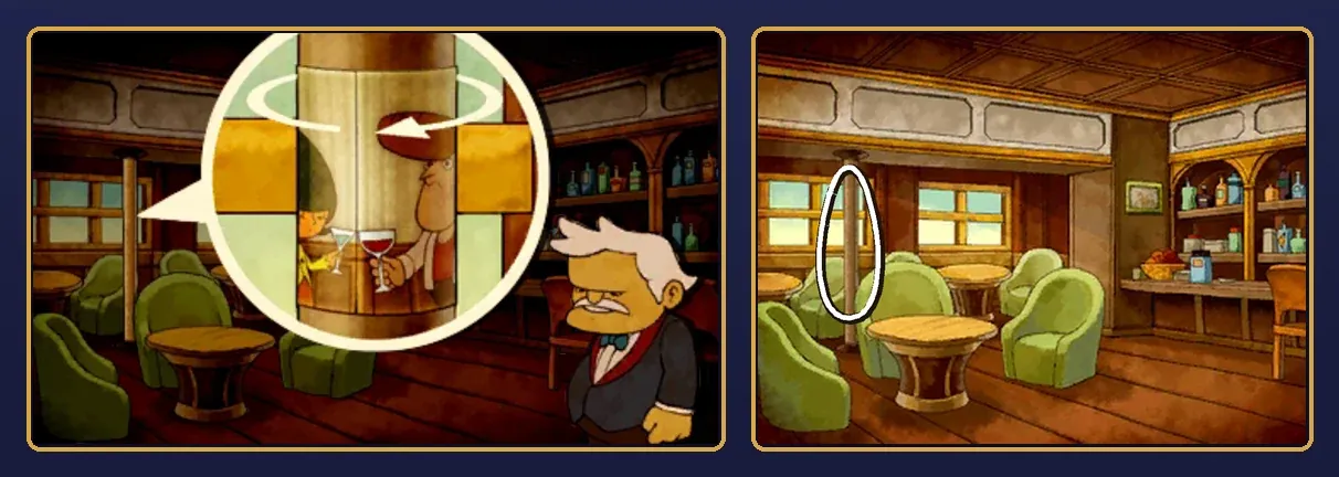 Couple at the Café solved: on the top screen, a round close-up shows the photo wrapped around the column, with the woman and the man now side by side clinking their cocktail glass and wine glass, and curved arrows around the column, while the white-haired man stands at the right; on the touch screen, a white loop circles the column on the left of the café