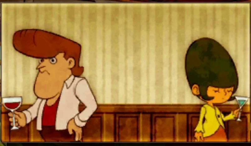The photo from Puzzle 042 up close: at the far left, a man with a tall red quiff, a white shirt over a red top, holding a glass of red wine and looking to the left; at the far right, a woman with a tall dark hairdo and a yellow jacket, eyes closed, holding a cocktail glass and facing right; striped wallpaper and wood panelling fill the space between them