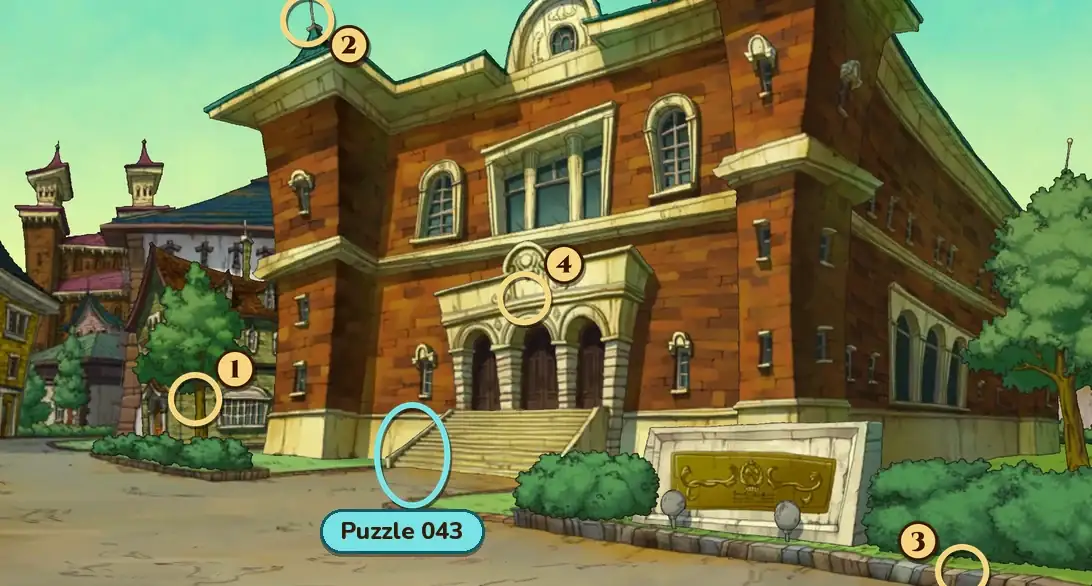 City Hall Steps: a red-brick City Hall with a columned entrance and a wide flight of steps, trees and bushes in front and a stone sign with a gold plaque on the right. A teal ring labeled Puzzle 043 marks the spot at the foot of the steps on the left, and numbered rings mark hint coin spots 1 at a tree on the left, 2 at the spire on top of the left corner of the roof, 3 at the front edge of the bushes at the bottom right and 4 above the City Hall entrance