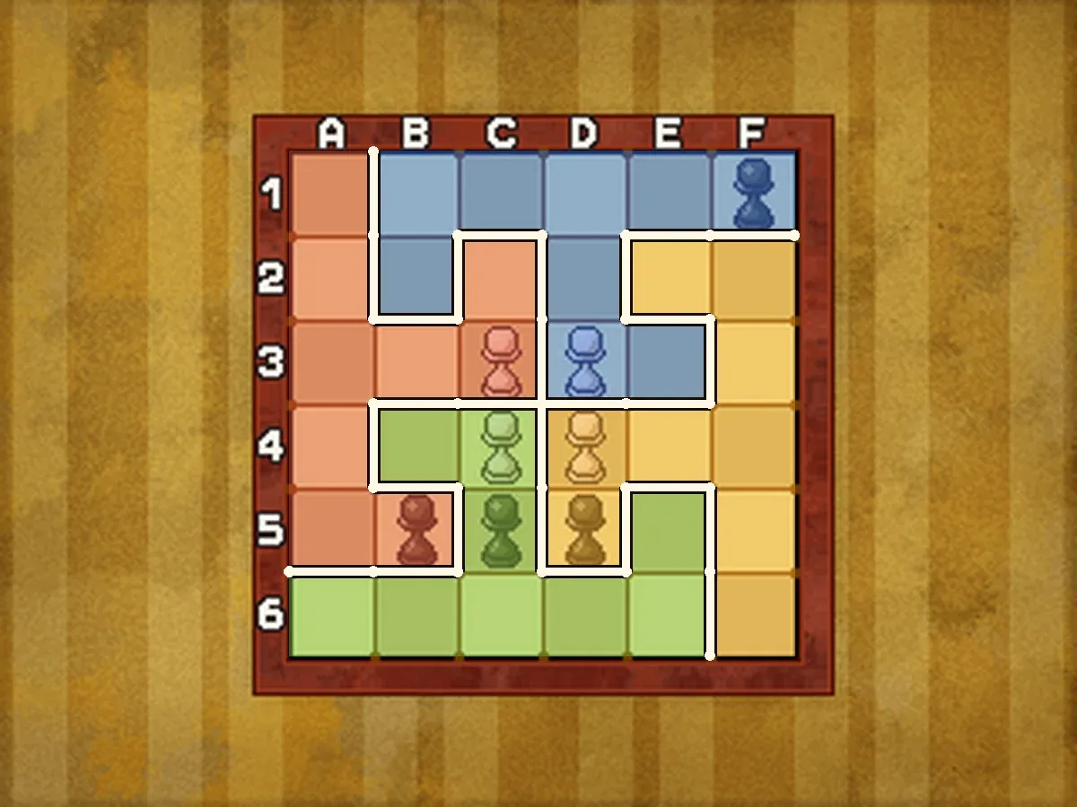 The 6 by 6 board with white cut lines dividing it into four pieces of 9 squares: red A1, A2, A3, B3, C2, C3, A4, A5 and B5; blue B1, C1, D1, E1, F1, B2, D2, D3 and E3; orange E2, F2, F3, D4, E4, F4, D5, F5 and F6; green B4, C4, C5, E5, A6, B6, C6, D6 and E6, each piece with one white pawn and one black pawn
