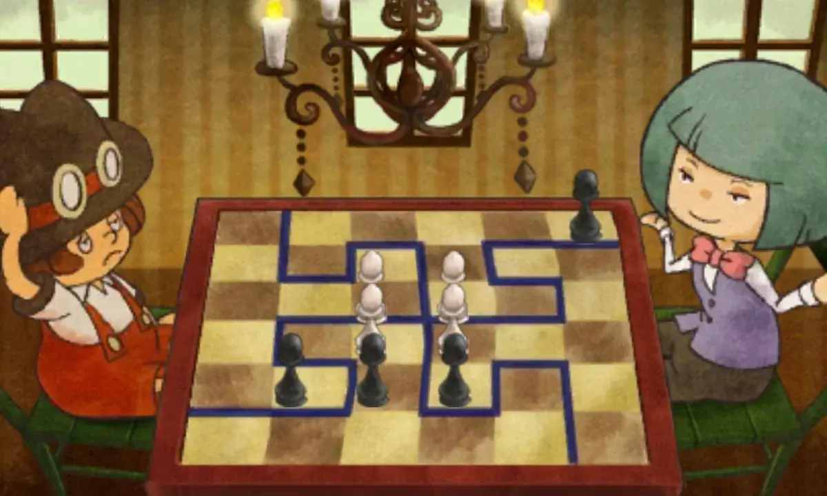 The top screen after the puzzle is solved: dark blue lines drawn across the chessboard divide it into four pieces of the same shape, each with one white pawn and one black pawn, while the girl smiles and the boy puts a hand to his head