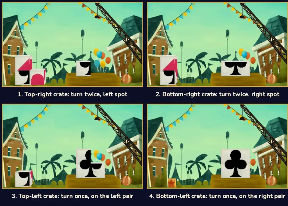 Four copies of the top screen in a 2 by 2 grid. Panel 1, captioned Top-right crate: turn twice, left spot, shows one crate on the left half of the dais with the bottom-left part of a black club. Panel 2, captioned Bottom-right crate: turn twice, right spot, shows the bottom half of the club across both dais spots. Panel 3, captioned Top-left crate: turn once, on the left pair, adds the top-left part on the left. Panel 4, captioned Bottom-left crate: turn once, on the right pair, shows the whole black club on the four crates