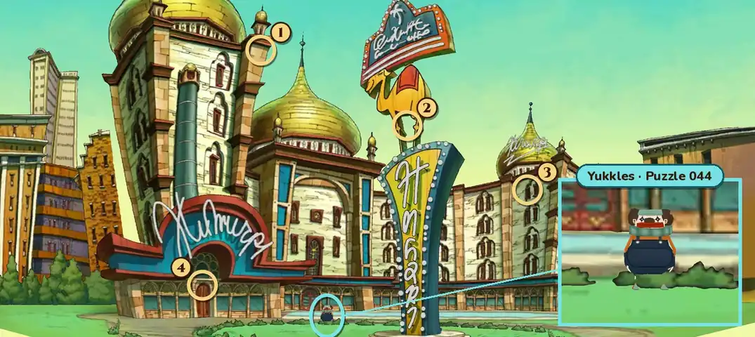 Dromedary Plaza: a tall cream-colored hotel with golden onion domes and a big curly sign over its arched entrance, and a tall yellow and teal sign topped by a camel and a neon board in the middle. Numbered rings mark hint coin spots 1 at the top of the tower on the left, 2 at the camel on the tall sign, 3 on the upper-right roof, near the small dome and 4 above the arched entrance on the left. A teal ring at the foot of the tall sign marks a small figure, shown enlarged in an inset labeled Yukkles, Puzzle 044: a clown with a white face, a red nose, a teal cap and blue overalls