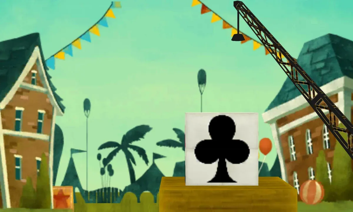 The top screen after the puzzle is solved: the four white crates stacked two by two on the wooden dais show one large black club, with the crane arm above on the right