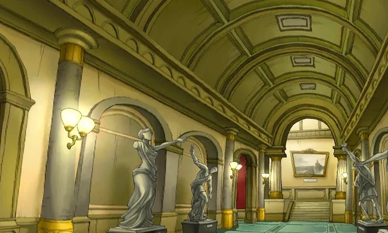Montsarton Gallery's main hall: a long hall with a green and gold vaulted ceiling, cream walls with a row of arches on the left, white statues on dark pedestals, wall lamps, and a framed landscape painting at the far end beyond a short flight of steps