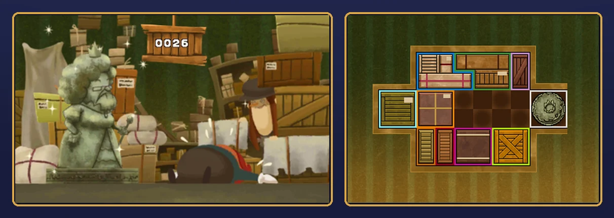 The finished puzzle: on the top screen, a crowned stone statue of a queen stands safe in the warehouse while the curator lies on the floor, the hanging sign reads 0026, and a figure in a dark hat peeks out from behind the crates; on the touch screen, the statue sits in the exit on the right, the two protrusion crates and the lilac rectangle fill the top, and the other crates fill the left alcove and the bottom