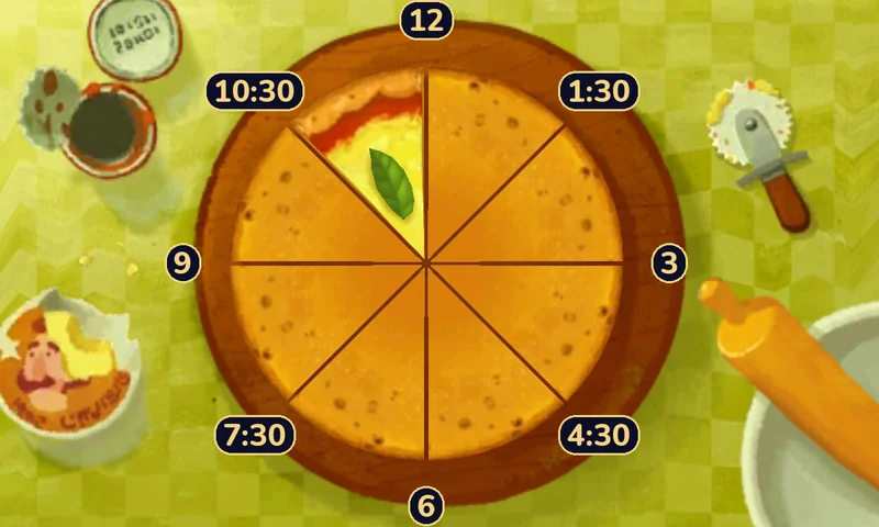 The starting pizza with clock labels 12, 1:30, 3, 4:30, 6, 7:30, 9 and 10:30 at the eight cuts, and the one face-up slice between 10:30 and 12