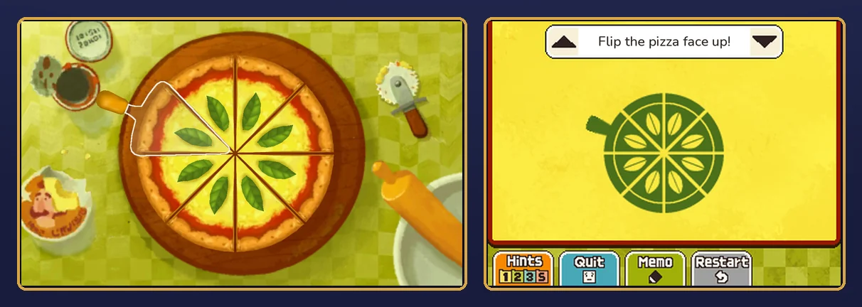 Toppings Up! solved: all eight pizza slices face up with tomato, cheese and a basil leaf on each, the spatula under the slice from 9 to 10:30, and on the touch screen the wheel handle pointing at that slice