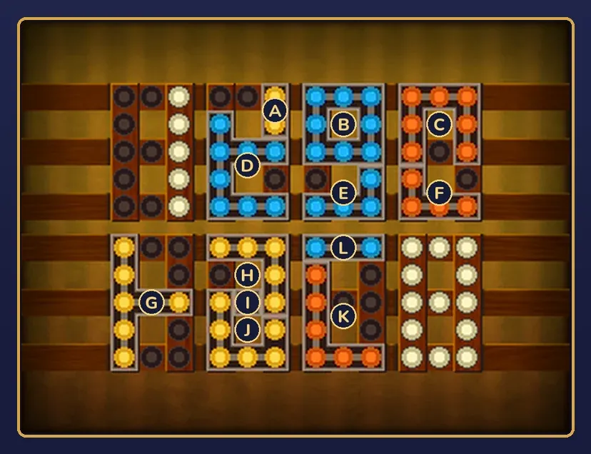 The Lighting Action board at the start with the twelve loose pieces labelled A to L: A, a short yellow piece; B, a square blue piece; C, a square red piece; D, a tall blue piece; E, a short blue piece; F, a short red piece; G, a tall yellow piece in the bottom-left place; H and J, square yellow pieces; I, a single red lamp; K, a tall red piece; L, a flat blue strip