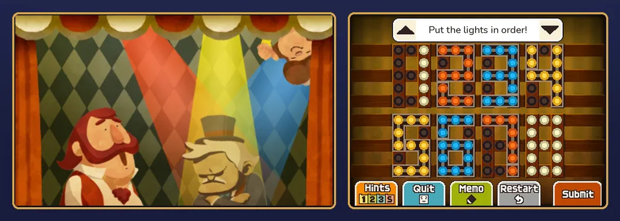 Lighting Action solved: under red, yellow and blue spotlights, the man with the red moustache looks up, the ringmaster in the top hat stands with his arms folded and a bearded man peeks in upside down from the top right, and on the touch screen the lights read 1, 2, 3, 4 in the top row in white, red, blue and yellow, and 5, 6, 7, 8 in the bottom row in yellow, blue, red and white