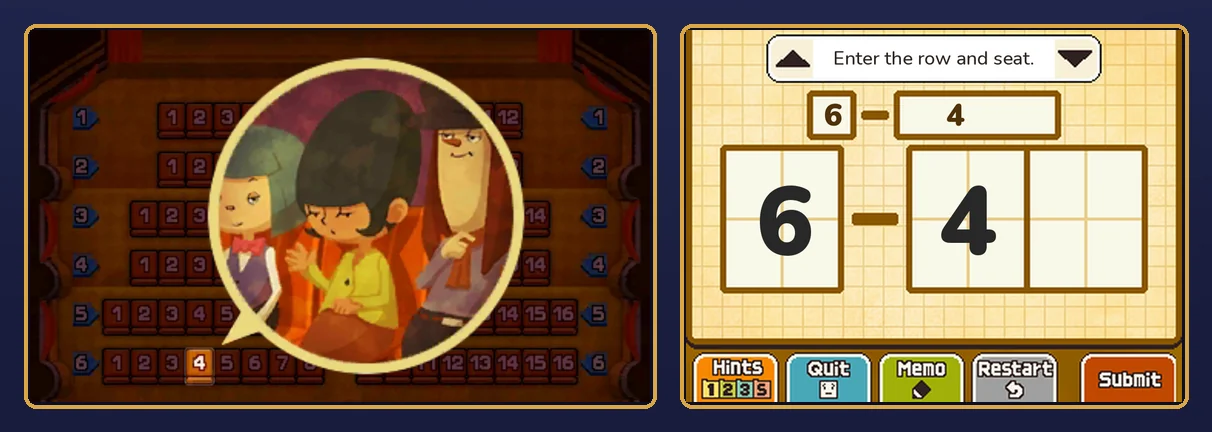 Floor Seats solved: the seating chart dims and row 6, seat 4 lights up in orange, with a speech bubble from it showing three theatregoers, a person with short teal hair and a pink bow tie, a woman with big black hair in a yellow cardigan and a tall man in a dark hat, and on the touch screen 6 in the row box and 4 in the seat box