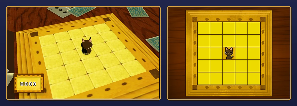 Kitty Solitaire solved: Lucky the black cat alone in the middle of the yellow board on the table, the signboard counter at 0008, and on the touch screen Lucky alone on the centre square