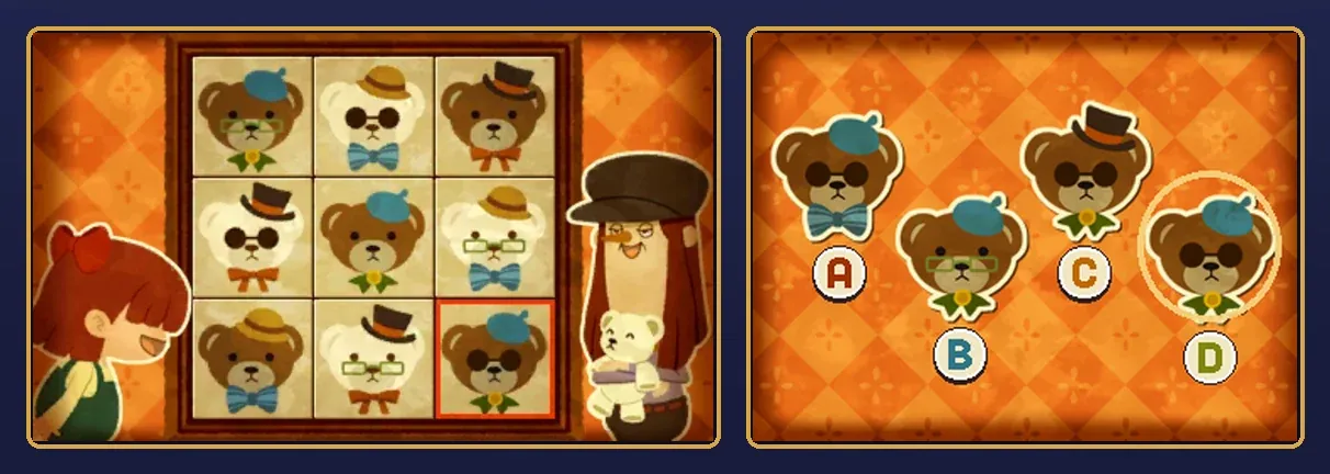 Dandy Bears solved: the bear grid complete with a brown bear in a blue beret, dark round glasses and a green ribbon in the red-framed bottom-right square, the red-haired girl and the figure in the cap smiling on swapped sides, and on the touch screen the D button pressed and the D sticker circled in gold