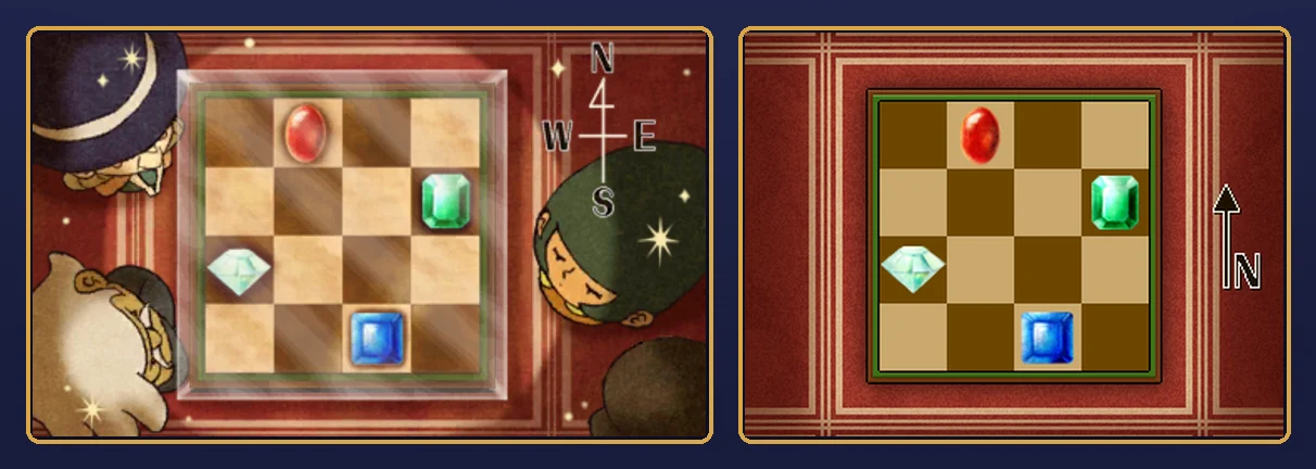 Spectacular Views solved: on the top screen the board seen from above on a red carpet with the ruby, emerald, diamond and sapphire in their finished squares, a compass marked N, W, E and S, and heads seen from above around the board, and on the touch screen the same finished board with the arrow marked N