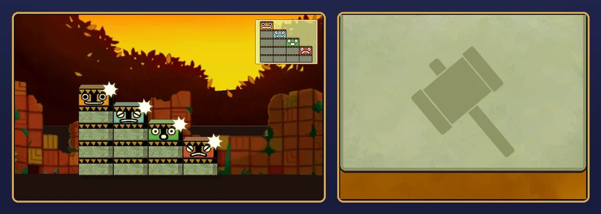 Poke 'Em Totems 2 solved: on the top screen, four columns forming a staircase that steps down from left to right, topped by the yellow, blue, green and red heads, each with a white sparkle, with the small goal board at the top right, and the mallet pad on the touch screen