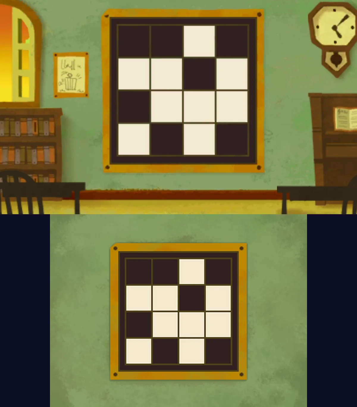 The puzzle after it's solved: on the top, the classroom board now has a black border around the same 16 black and white squares, the children have gone, leaving their desks and chairs, the clock shows a later time and an orange sunset glows in the window; below, the touch-screen board with the same black border