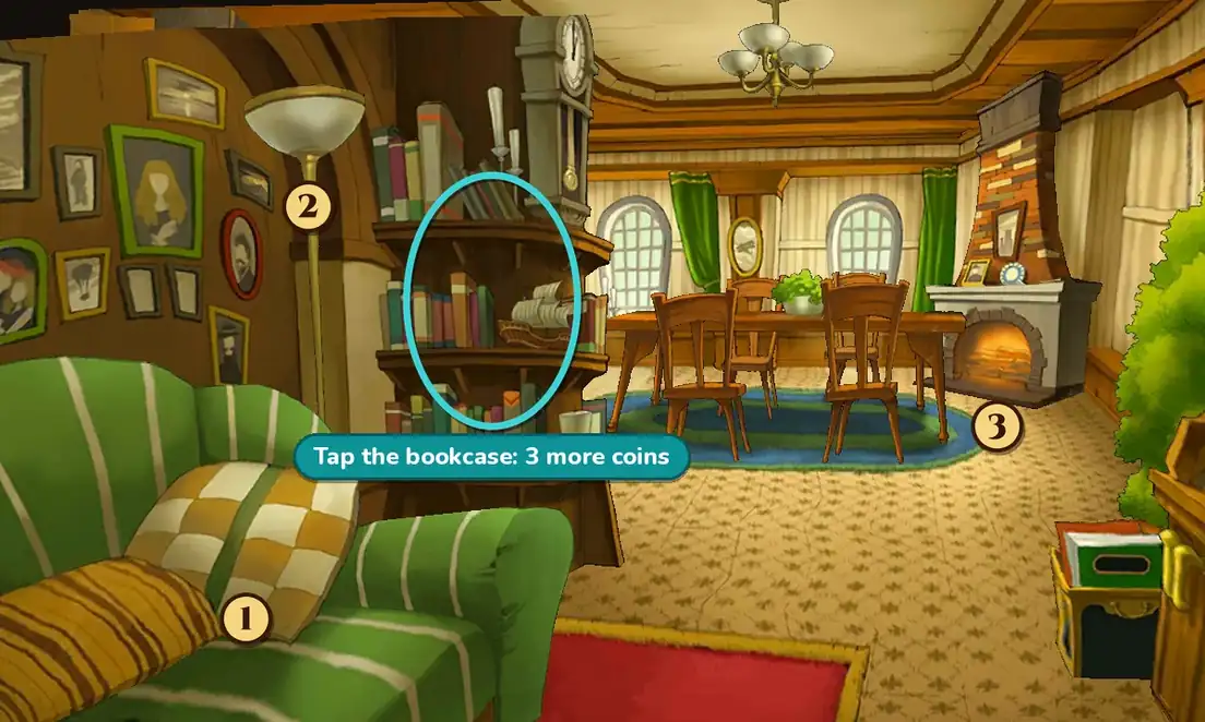 The Layton family's Living Room: a green striped sofa with a checked cushion in front, a floor lamp, a corner bookcase with a tall clock on top, a dining table and chairs under two arched windows and a brick fireplace on the right. Numbered markers show hint coin spots 1 on the sofa cushion, 2 on the floor lamp and 3 at the fireplace, and a teal ring around the bookcase is labeled Tap the bookcase: 3 more coins