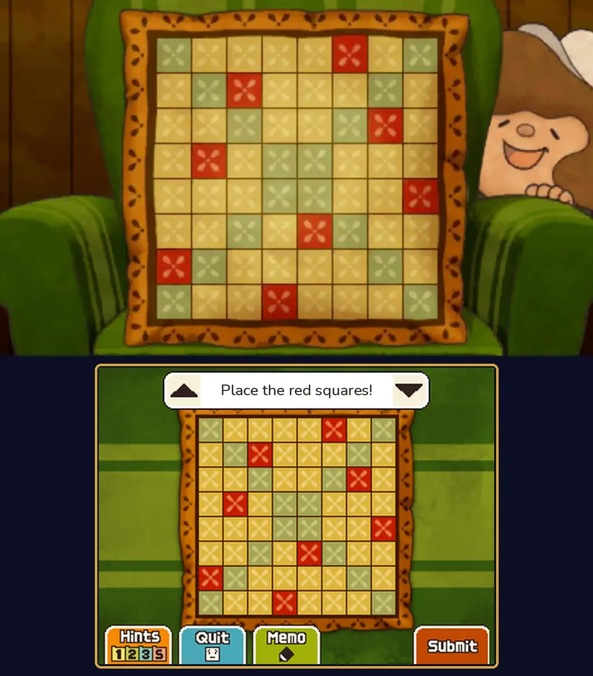 The solved puzzle: on the top, the cushion on the armchair with eight red squares, at row 1 column 6, row 2 column 3, row 3 column 7, row 4 column 2, row 5 column 8, row 6 column 5, row 7 column 1 and row 8 column 4, and the man behind the chair now awake and smiling; below, the touch-screen grid with the same eight red squares