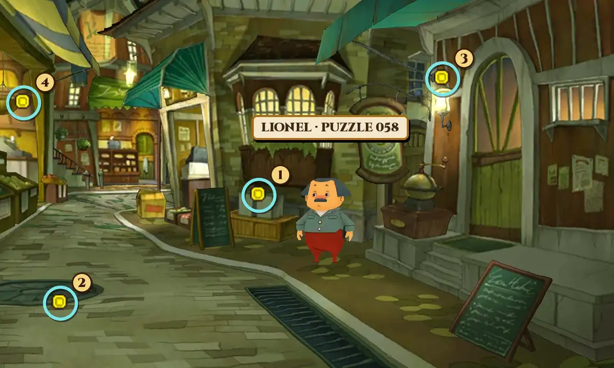 Market Street in Stansbury in Professor Layton and the Miracle Mask: a cobbled street curving to the left past shops with lit windows and lamps, green awnings and chalkboard signs. A short, round man with grey hair, a moustache, a grey-green jacket and red trousers stands in the middle on the pavement under a name plate reading Lionel, Puzzle 058. Four hint coin spots are numbered 1 on the white boxes on the crates just left of him, 2 on the manhole cover at the bottom left, 3 on the street lamp beside the café's hanging signboard at the upper right and 4 on the hanging basket at the far left edge