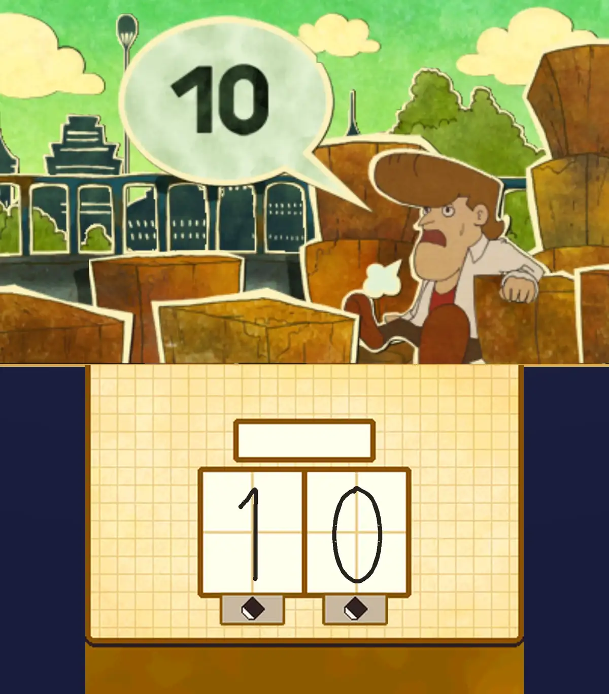 Sorting Blocks solved: the carpenter slumps against the wooden blocks with his mouth open and a puff of breath, a speech bubble above him reads 10, and 1 and 0 are written in the two answer boxes