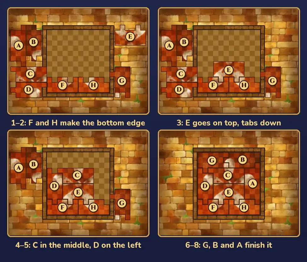Four copies of the touch screen in a 2 by 2 grid, the pieces marked with letters. Panel 1, captioned 1–2: F and H make the bottom edge, shows F and H filling the bottom three rows of the frame. Panel 2, captioned 3: E goes on top, tabs down, adds E in the middle above them. Panel 3, captioned 4–5: C in the middle, D on the left, shows the center of the white flower complete with D along the left edge. Panel 4, captioned 6–8: G, B and A finish it, shows the full frame with G at the top left, B at the top right and A down the right edge, forming a five-petal flower