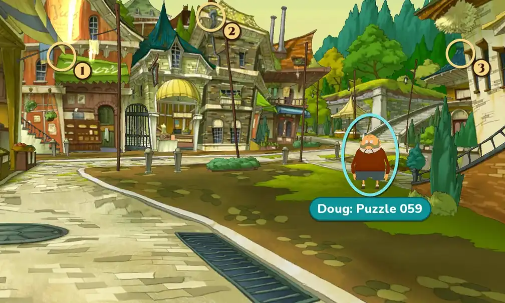 Old Towne: a cobbled street curving past old brick and timber houses, with a green awning on the left, a tall house in the middle and green trees and a stone stairway on the right. Numbered gold rings mark hint coin spots 1 at the white hanging signboard above the green awning at the upper left, 2 on the roof of the tall middle building at the top edge and 3 under the eaves of the small blue roof at the upper right. A teal ring on the grass right of center marks a bald man with a white mustache and a red sweater, with a label reading Doug: Puzzle 059