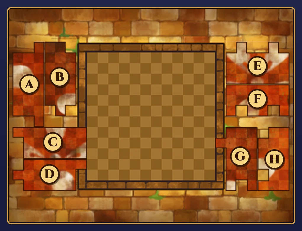 The touch screen at the start with each of the eight pieces marked with a letter: A and B, two tall pieces at the upper left; C and D, two wide pieces at the lower left; E at the upper right; F, a three-pronged piece in the middle of the right-hand side; G and H at the lower right, with H in the corner. The empty 12 by 12 frame is in the middle