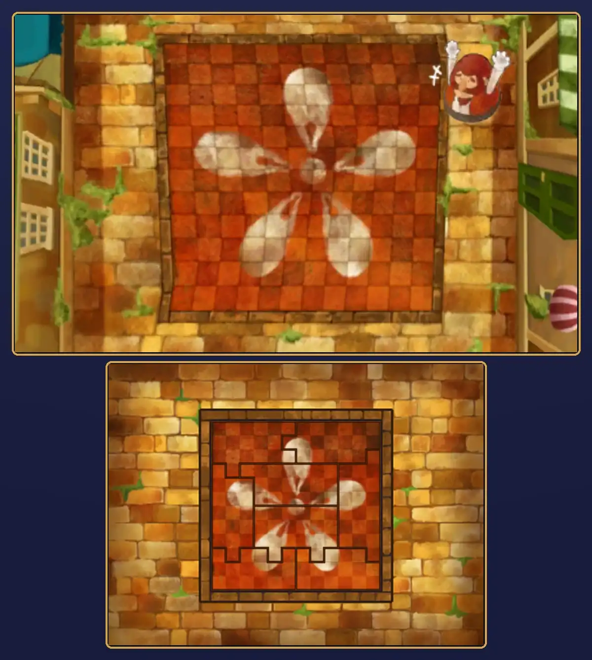 The puzzle after it's solved: on the top, the street tiles are bright red again and the white five-petal flower is complete, with the red-haired figure in the round frame raising both arms; below, all eight pieces fill the 12 by 12 frame and make the same flower