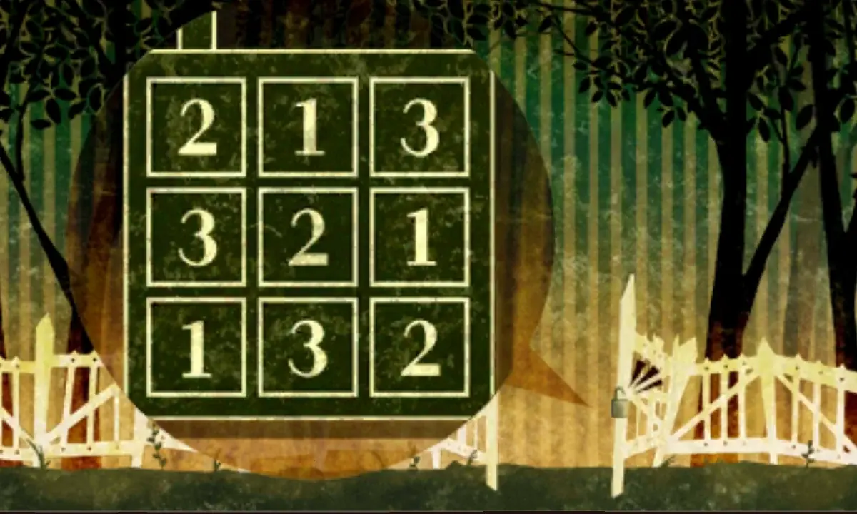 The top screen after the puzzle is solved: a large dark green plate with nine panels reading 2 1 3, 3 2 1 and 1 3 2 in front of a striped forest, and on the right the white gate swung open, with the padlock hanging from its post